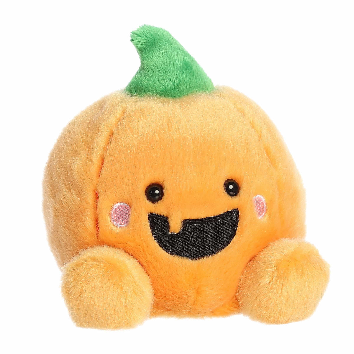 Aurora Palm Pals Gourdon 5-inch Jack O'Lantern plush stuffed toy sitting forward with a plump orange pumpkin body and wide toothy smile.