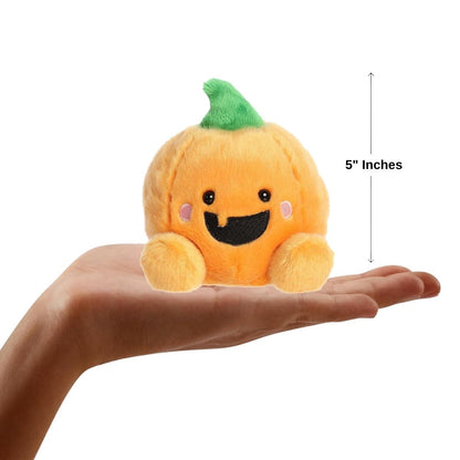 The miniature Gourdon Jack O'Lantern plush sitting inside an open human hand displaying a 5-inch height indicator graphic.