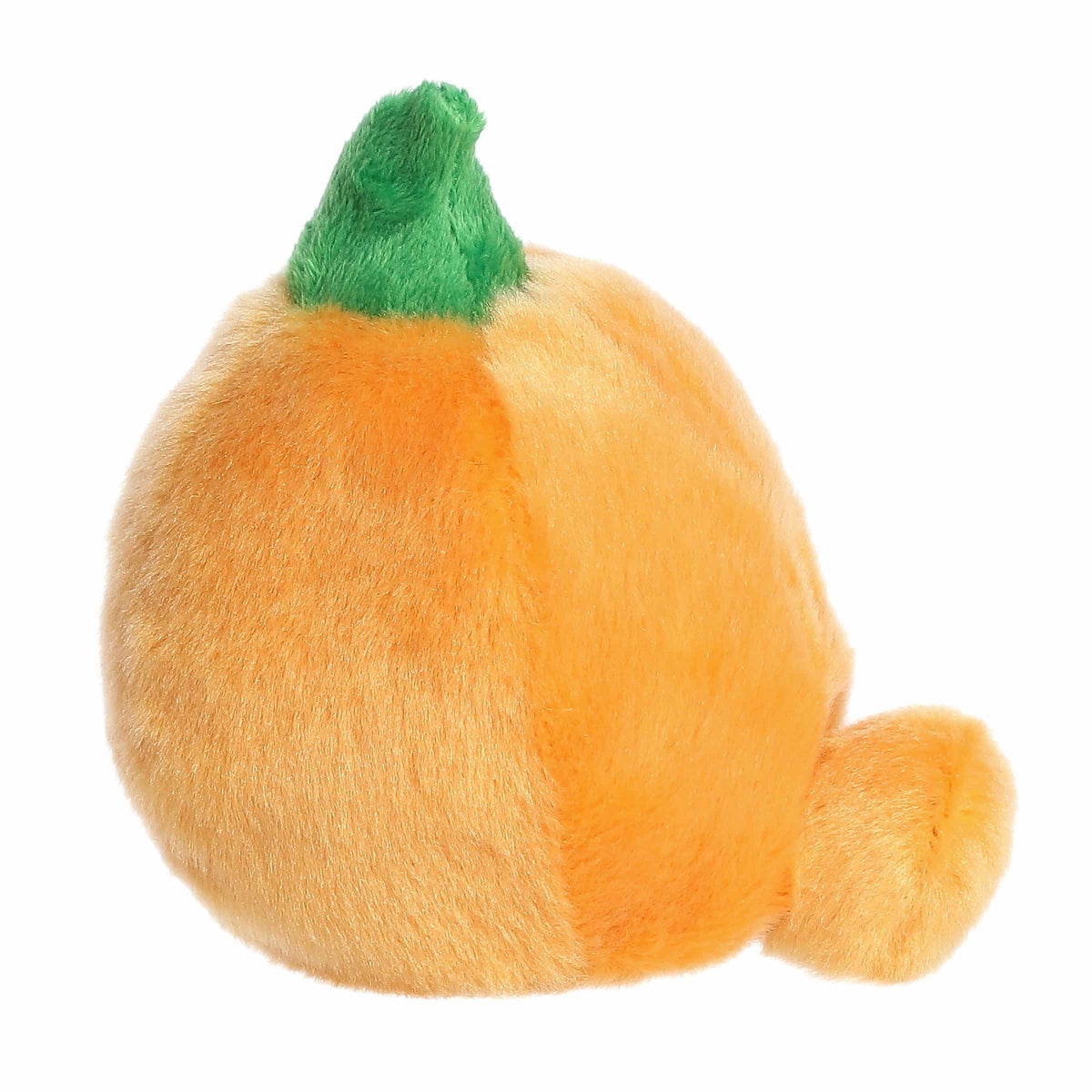 Plush pumpkin toy with a green stem on a white background