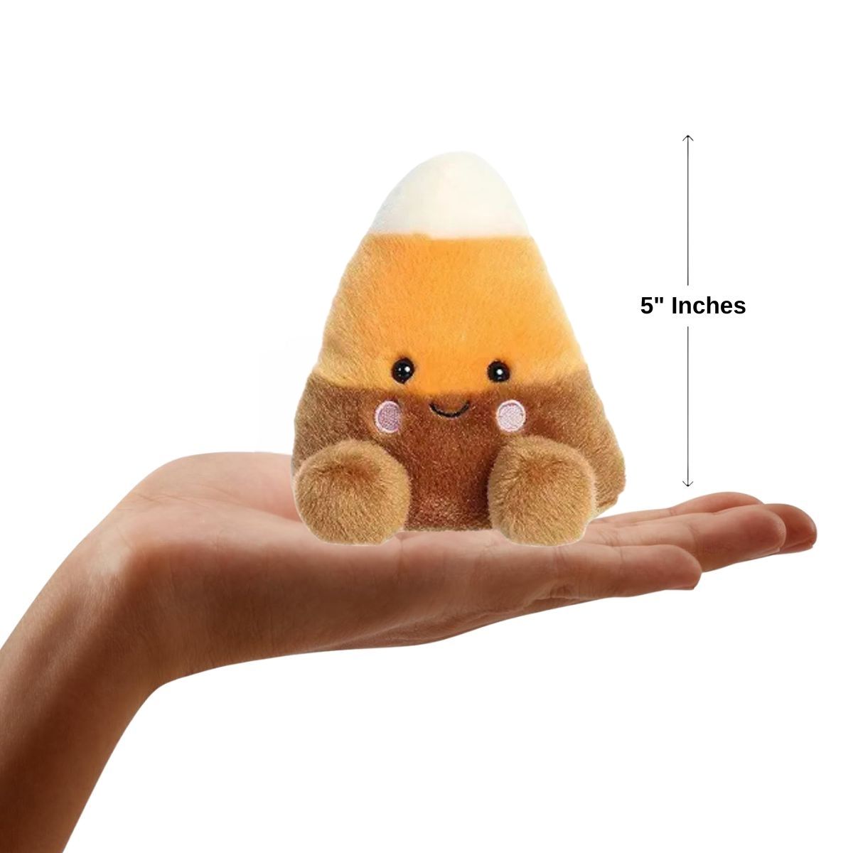 The miniature Corbin Candy Corn plush sitting inside an open human hand displaying a 5-inch height indicator graphic.