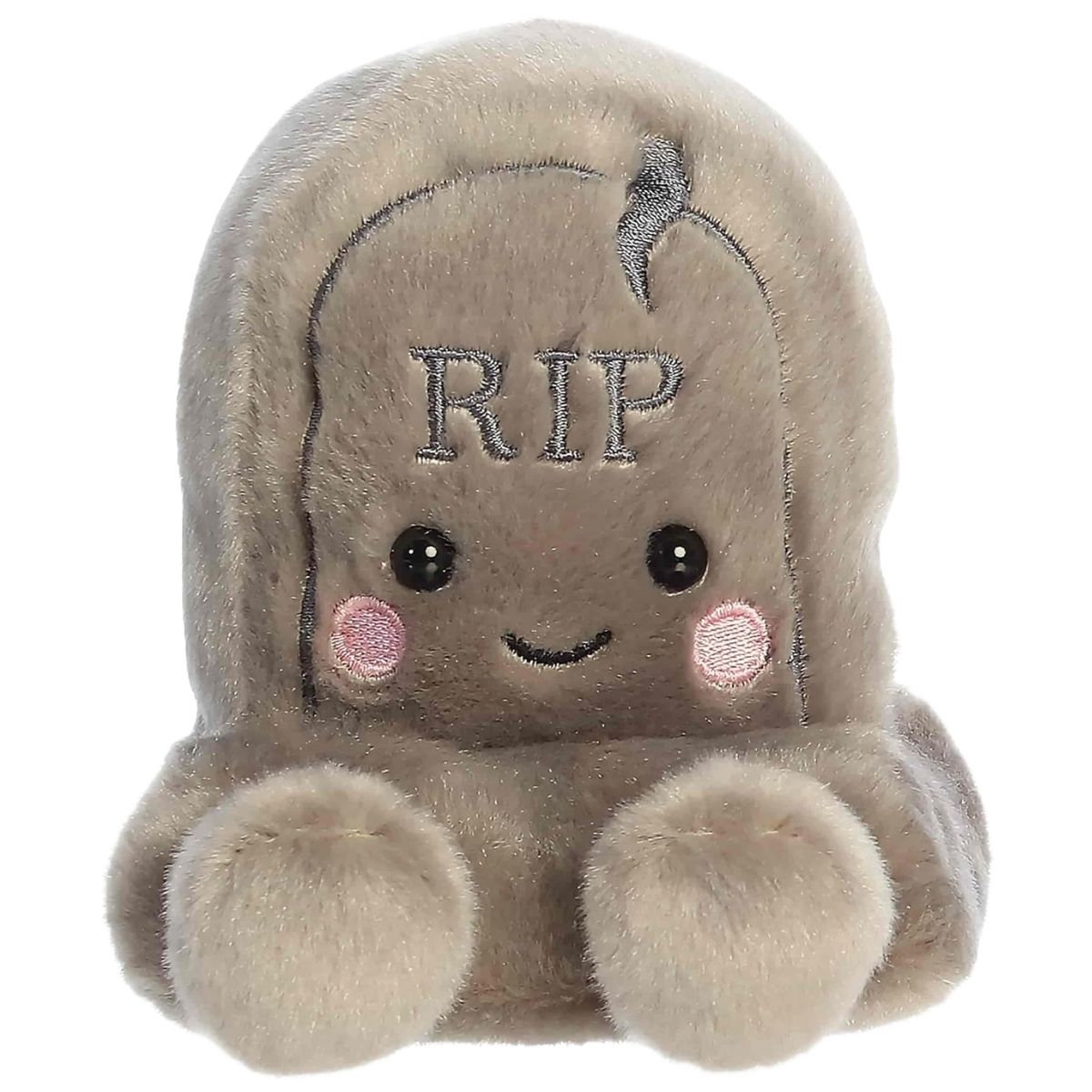 Close-up front portrait thumbnail of the Thom Tombstone plush showing his sweet embroidered smile, rosy cheeks, and RIP stitching.