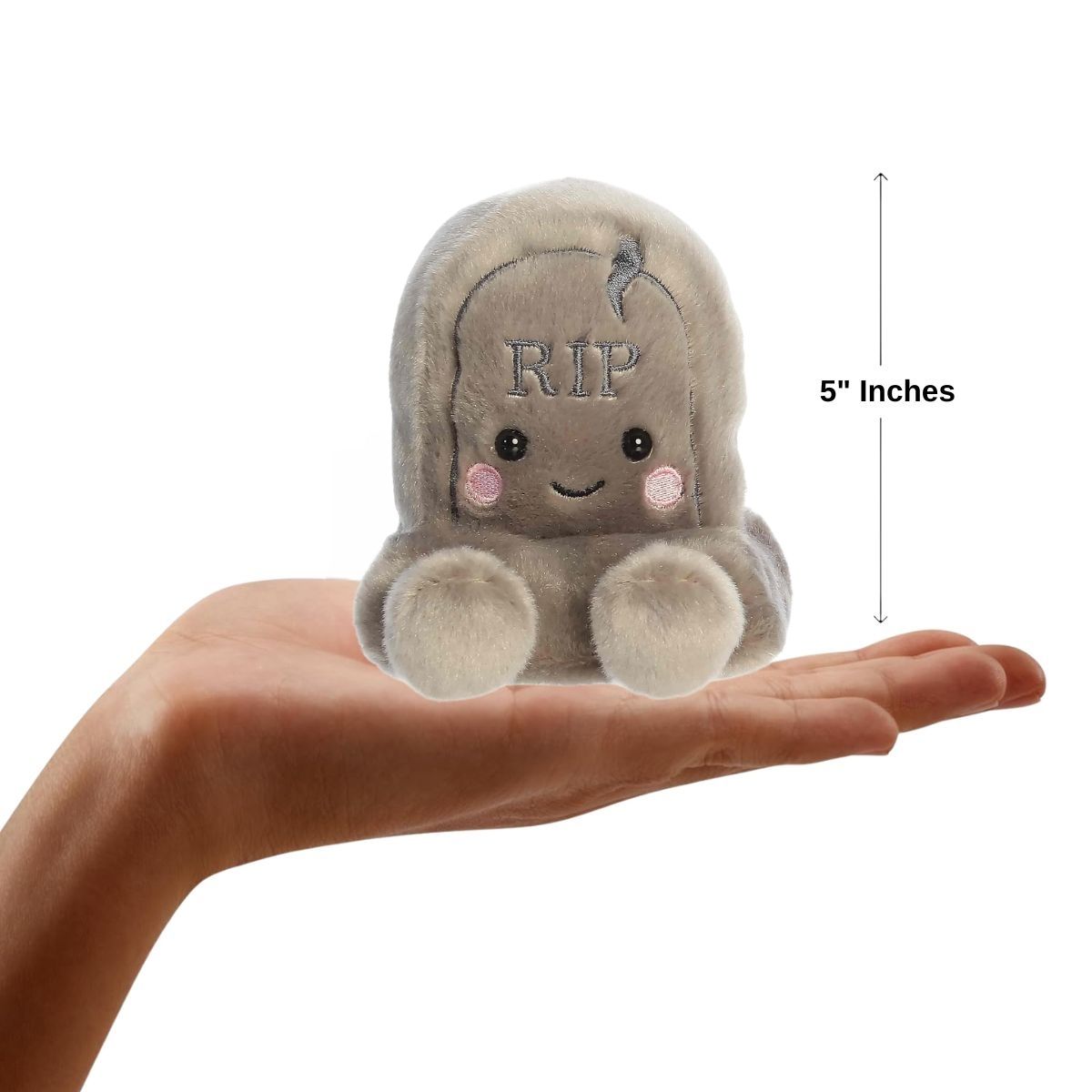 The miniature Thom Tombstone plush sitting balanced in the palm of an open human hand under a 5-inch height graphic indicator.