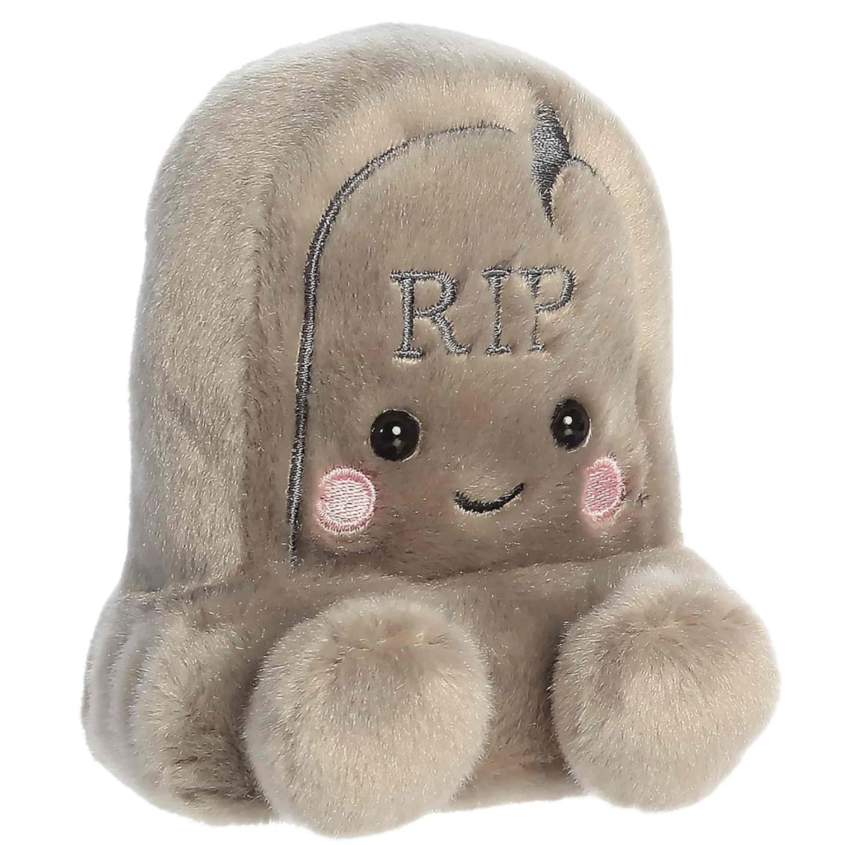 Aurora 5-inch Palm Pals Thom Tombstone plush toy sitting forward with soft stone-gray fur, an embroidered RIP sign, and a smiling face.