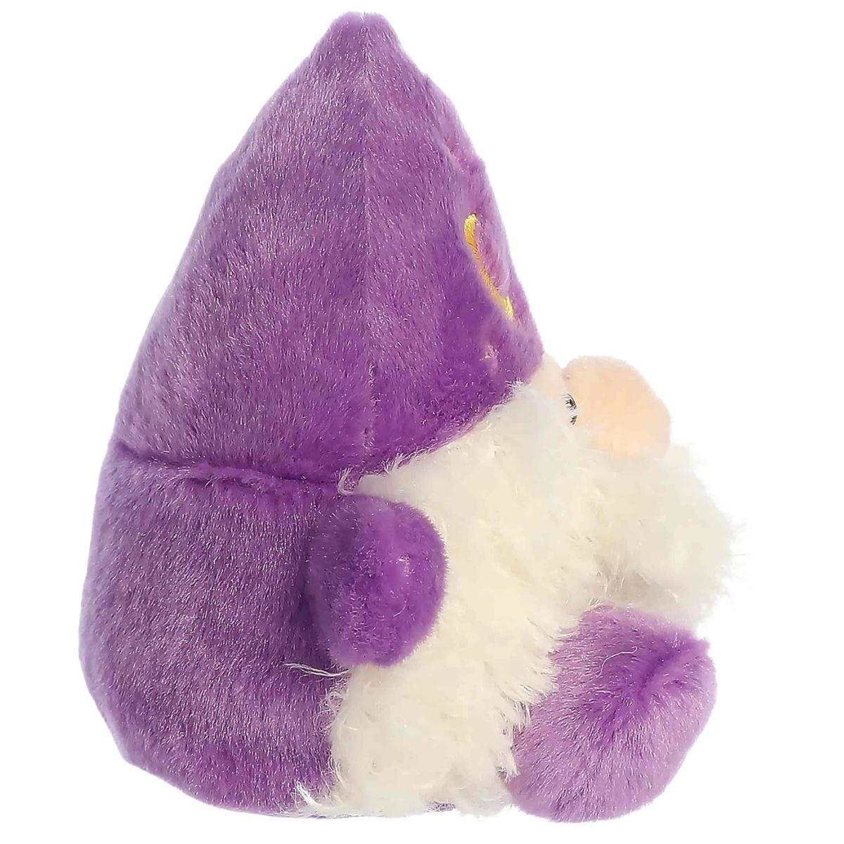 Side profile thumbnail of the mini wizard plush showcasing his pointed purple hat, fluffy beard texture, and sitting posture.