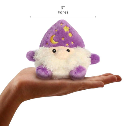 The miniature Ezerick Wizard plush sitting balanced in an open human hand under a 5-inch height graphic indicator.