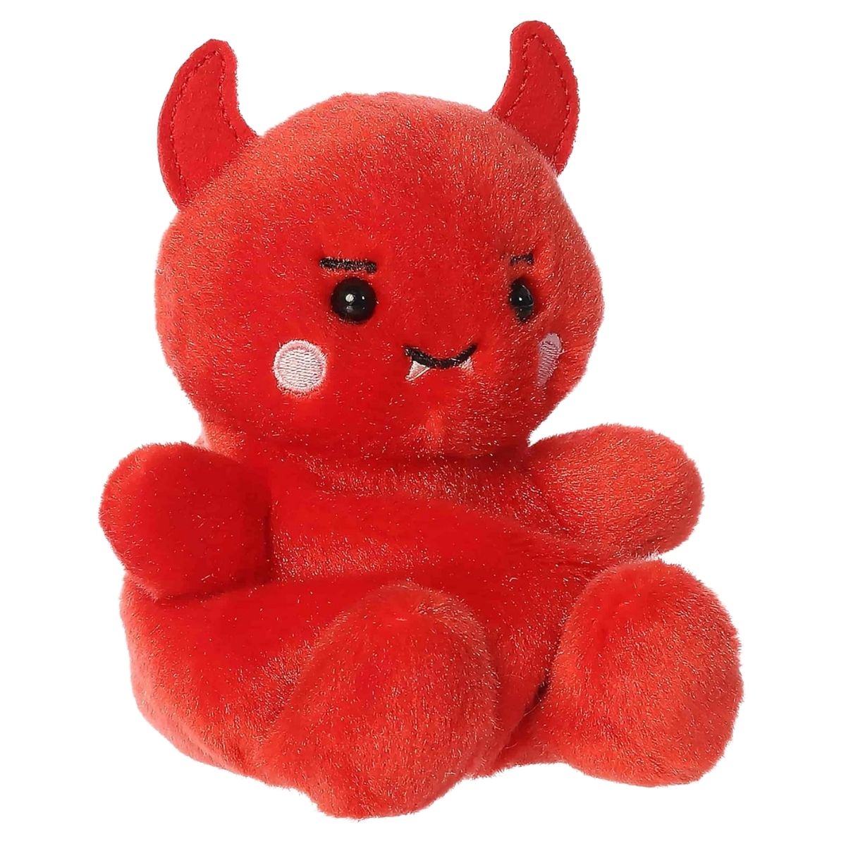 Aurora 5-inch Palm Pals Damien Devil plush toy sitting at an angle showing its vibrant red body, curved horns, and fanged smile.