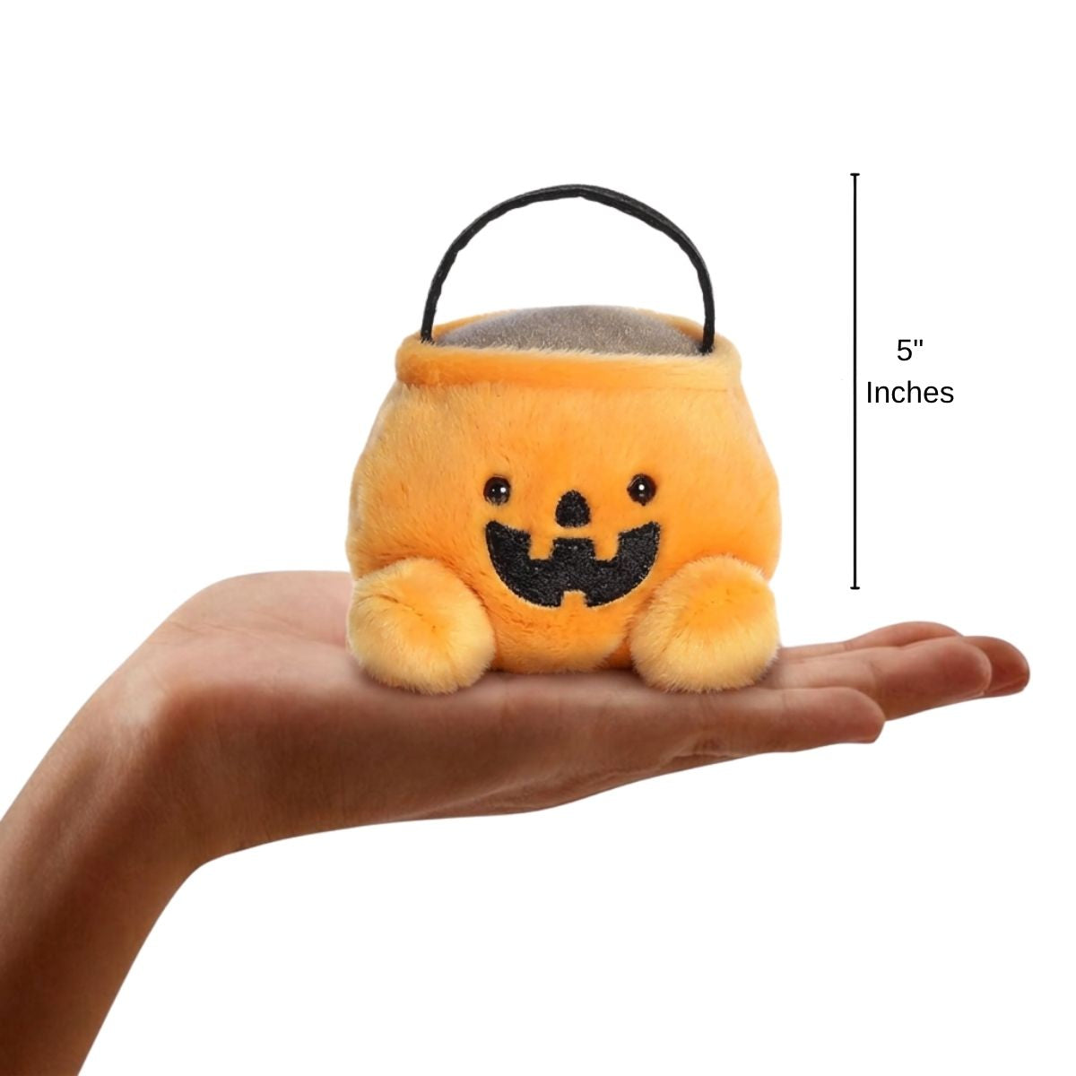 The miniature Bucky Candy Bucket plush balanced in an open human hand under a 5-inch height graphic indicator.
