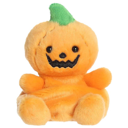 Front view thumbnail of the cheerful pumpkin head plush sitting straight and highlighting its symmetrical pose and black embroidered smile.