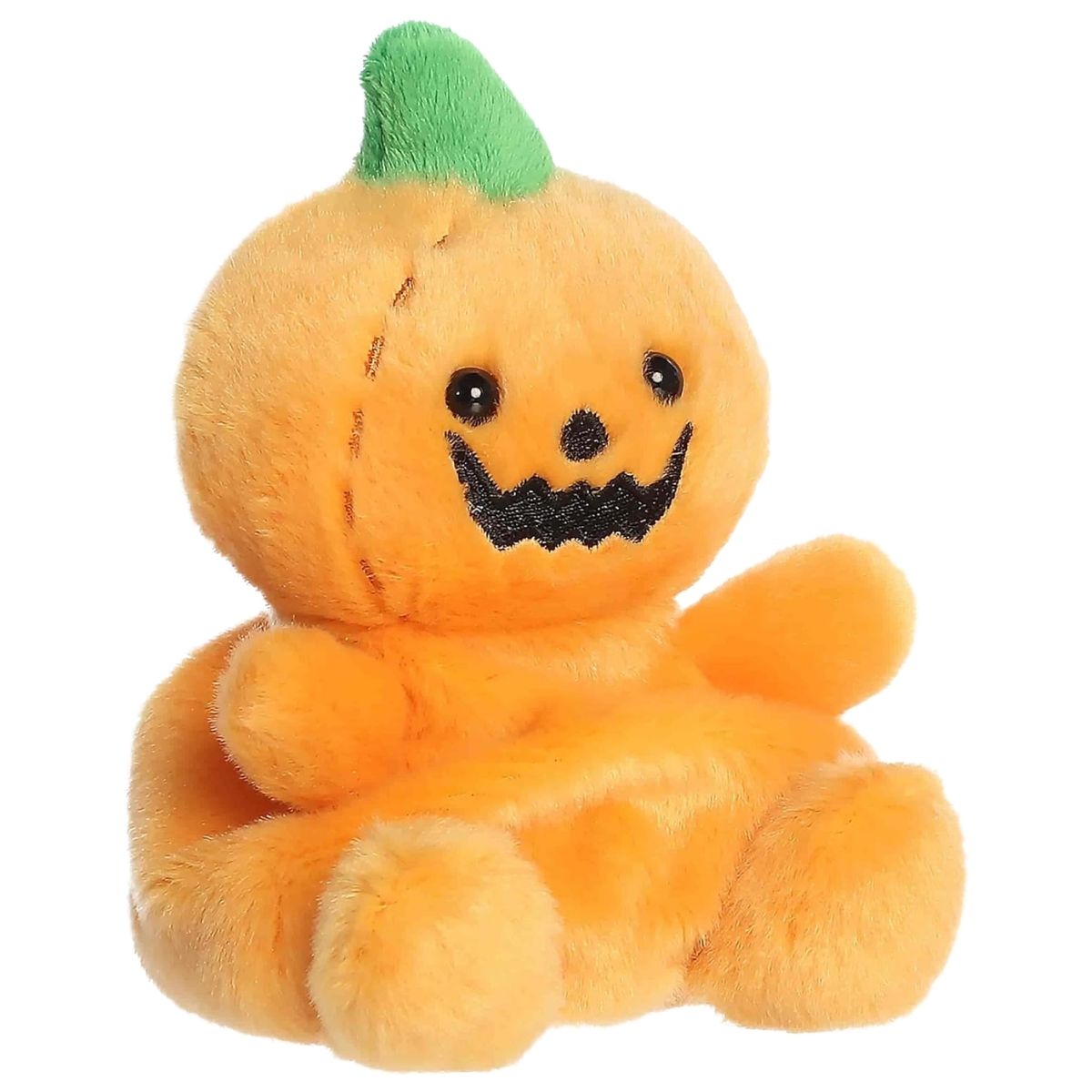 Aurora 5-inch Palm Pals Squashley Pumpkin Head plush toy sitting forward showing its bright orange pumpkin shape, jack-o'-lantern face, and green stem.