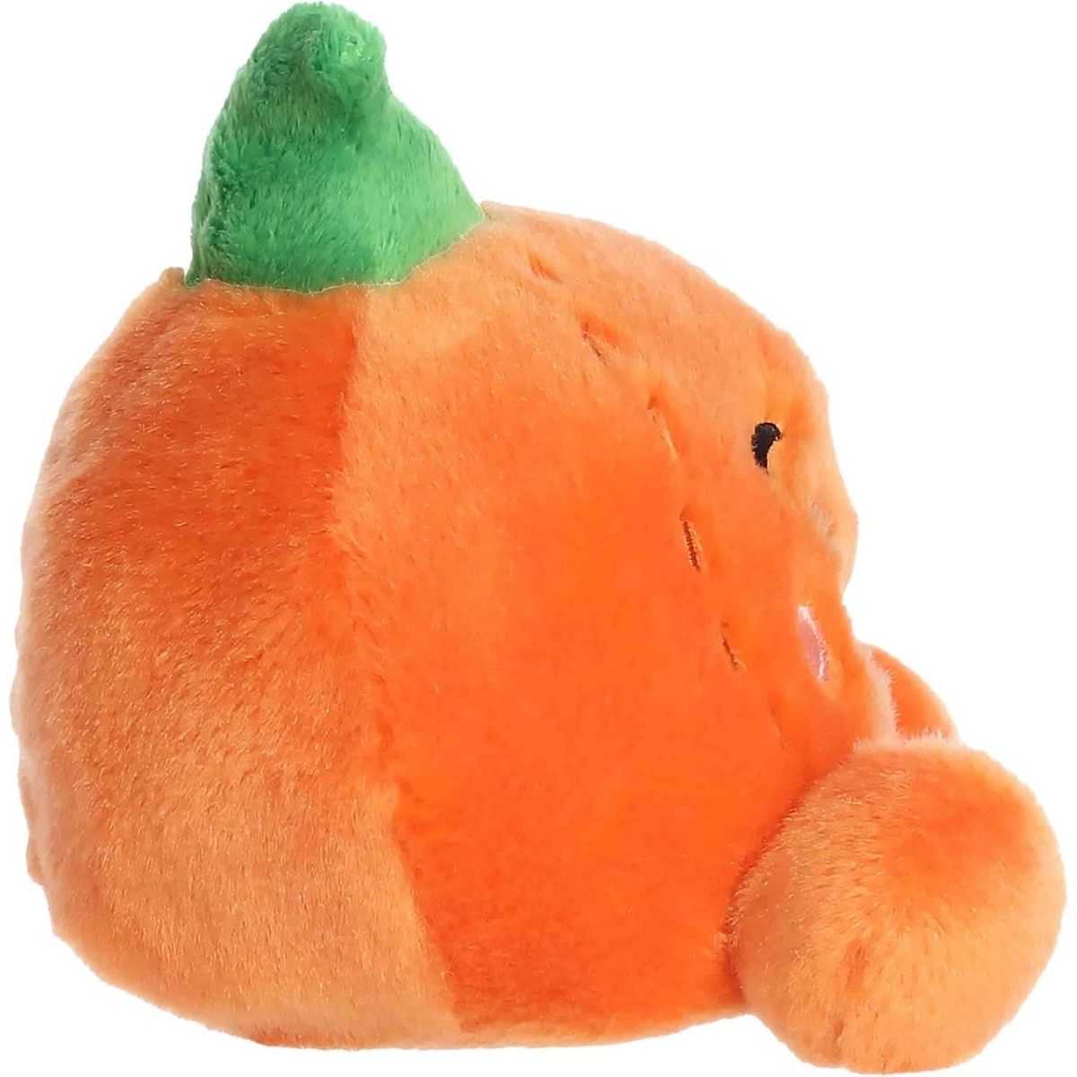 Side profile thumbnail of the mini pumpkin plush showcasing its plump depth, side segment stitching, and upright green stem.