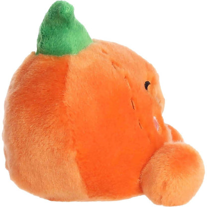 Side profile thumbnail of the mini pumpkin plush showcasing its plump depth, side segment stitching, and upright green stem.