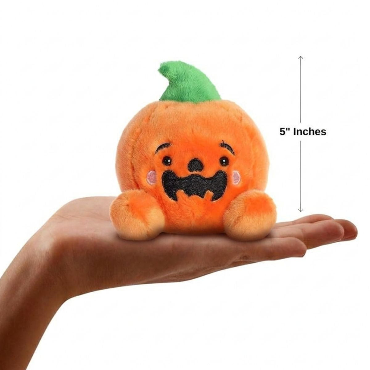 The miniature Jackson O'Lantern plush sitting balanced in an open human hand under a 5-inch height graphic indicator.