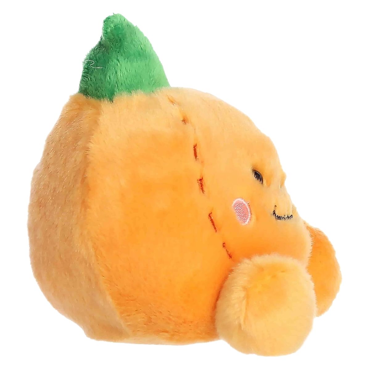 Side profile thumbnail of the mini pumpkin plush showcasing its plump depth, side segment stitching, and upright green stem.