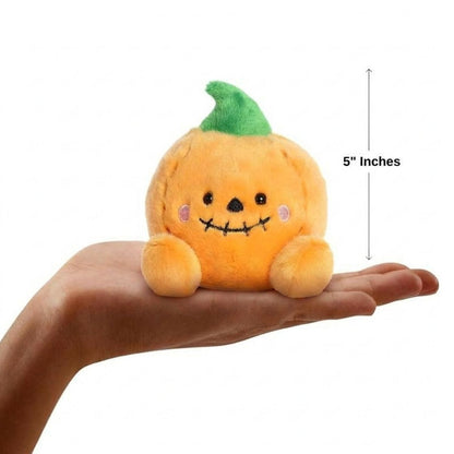 The miniature Craven Jack O'Lantern plush sitting balanced in an open human hand under a 5-inch height graphic indicator.