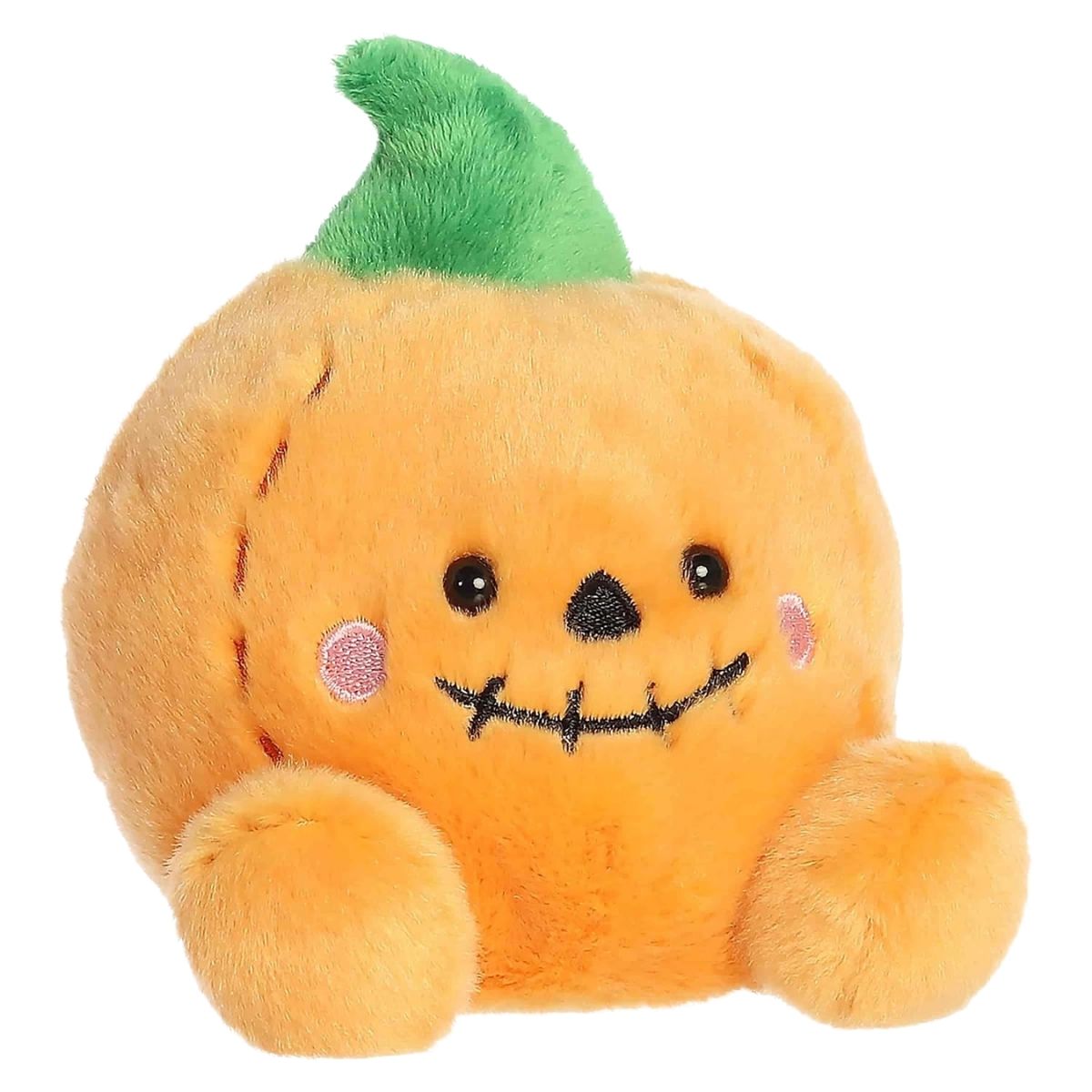 Aurora 5-inch Palm Pals Craven Jack O'Lantern plush toy showing its round orange pumpkin body, green top stem, and friendly stitched face with rosy pink cheeks.