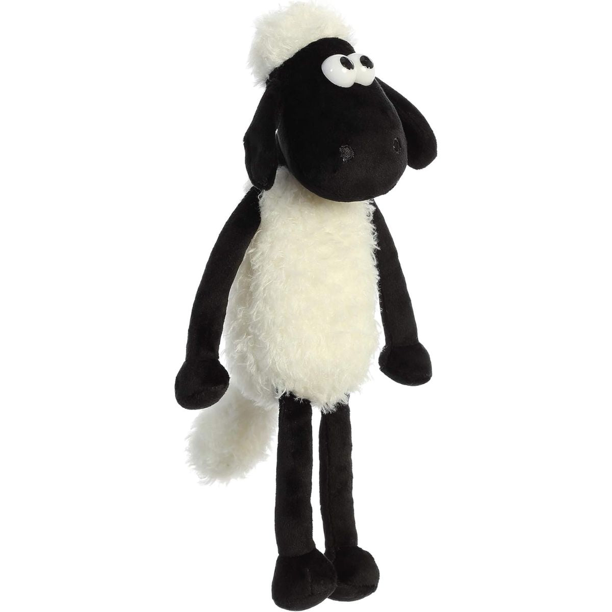Front view of the Shaun the Sheep plush held upright, showcasing its full length, wide eyes, and floppy limbs.