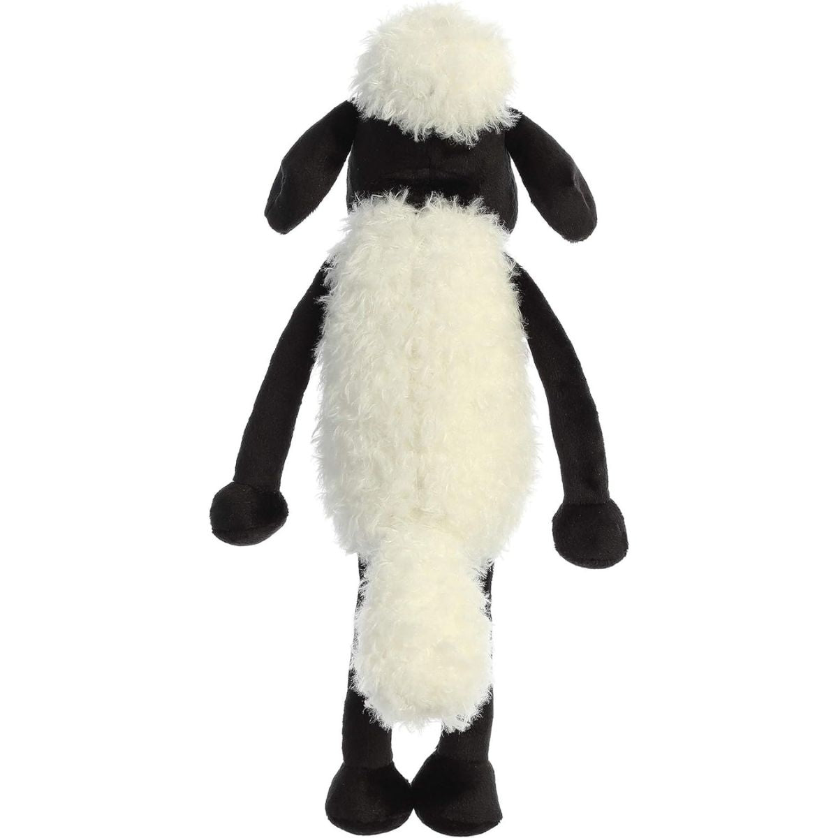 Back view of the Shaun the Sheep plush held upright, showing its soft white fleece body and little tail.