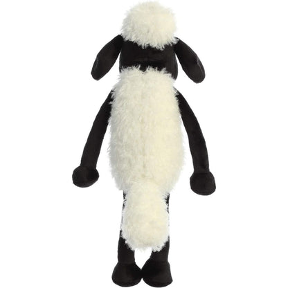 Back view of the Shaun the Sheep plush held upright, showing its soft white fleece body and little tail.