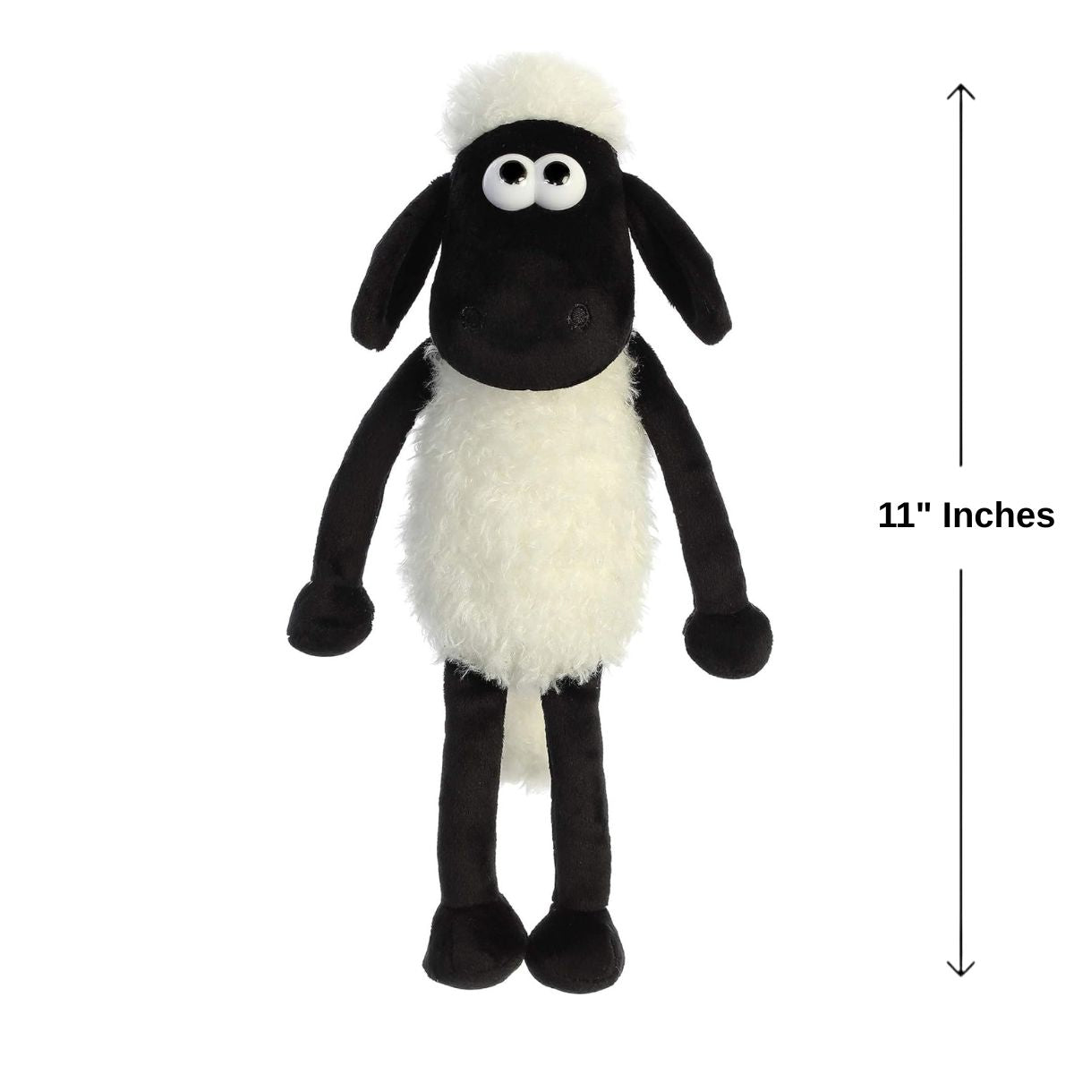 Sizing graphic showing the Aurora Shaun the Sheep plush standing next to a measurement line to demonstrate its 11-inch height.