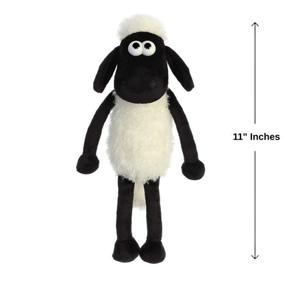 Sizing graphic showing the Aurora Shaun the Sheep plush standing next to a measurement line to demonstrate its 11-inch height.