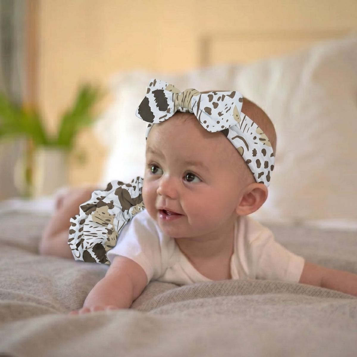 Baby girl wearing the Newcastle Classics On The Savannah headband and matching ruffled bloomers smiling while laying on a bed.