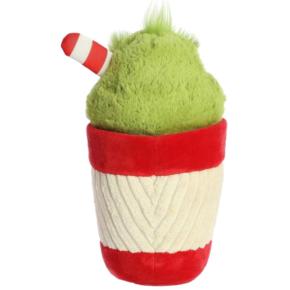 Back view of the Aurora Grinchmas cup plush showcasing the smooth red and cream design of the festive mug.