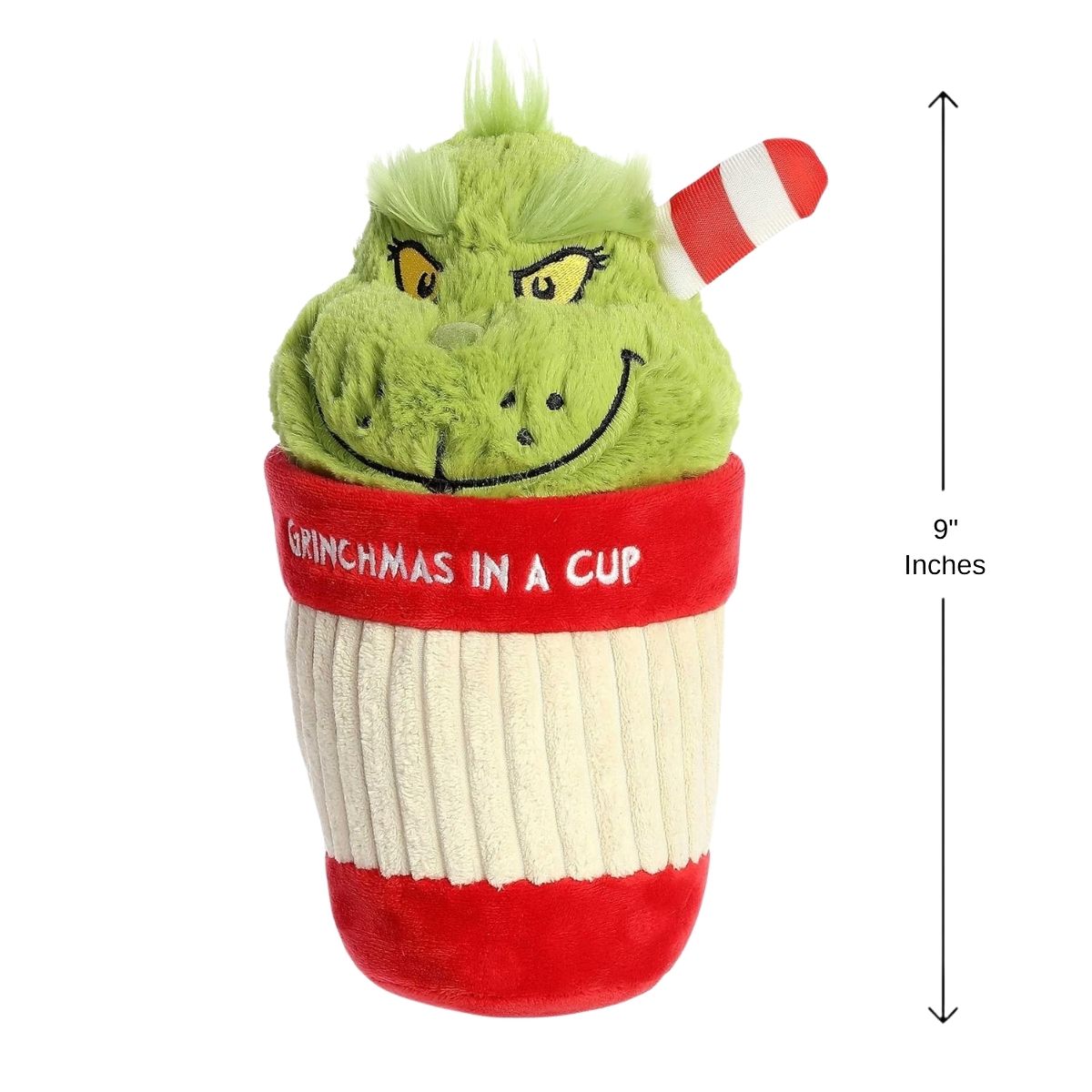 Sizing graphic for the Dr. Seuss Grinchmas cup plush showing it standing upright, indicating a total height of 9 inches.