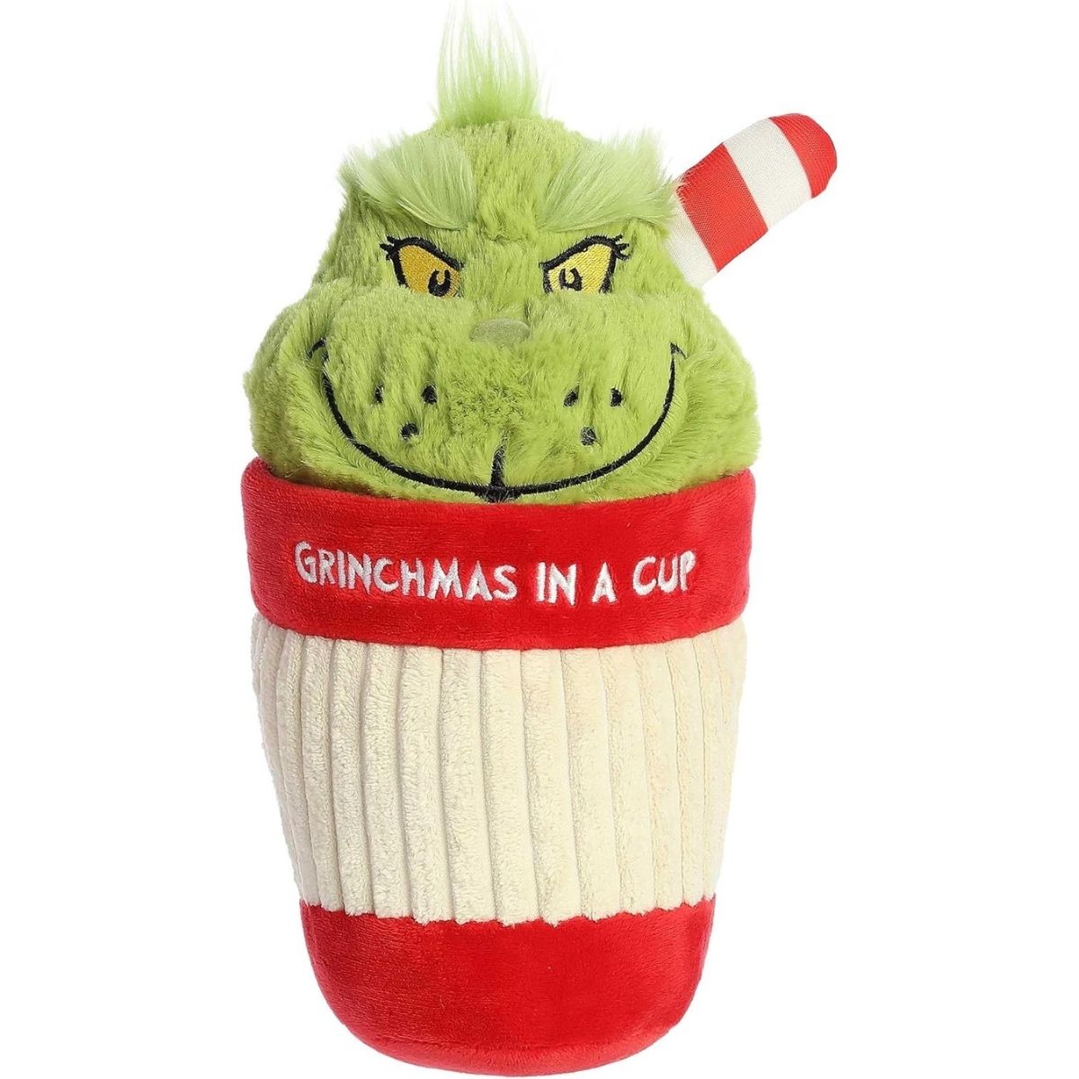 Front view of the 9-inch Aurora Dr. Seuss Grinch plush toy sitting inside a red and cream ribbed cup reading Grinchmas In A Cup with a candy cane straw.