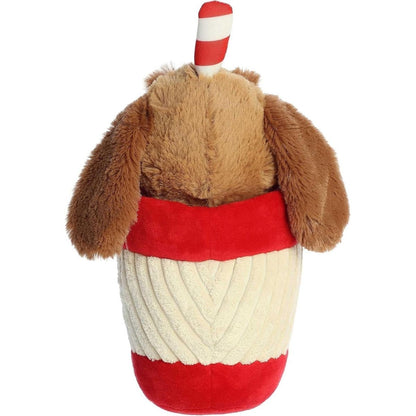 Back view of the Aurora Max peppermint cup plush showcasing the smooth red and cream design of the festive mug.