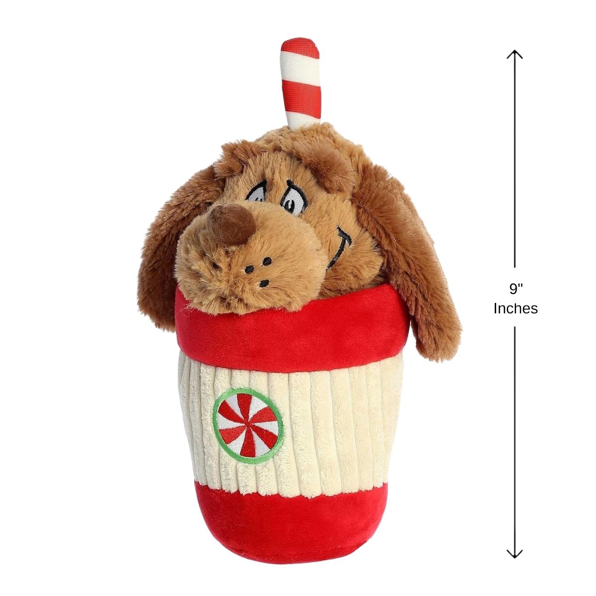 Sizing graphic for the Dr. Seuss Max peppermint cup plush showing it standing upright, indicating a total height of 9 inches.