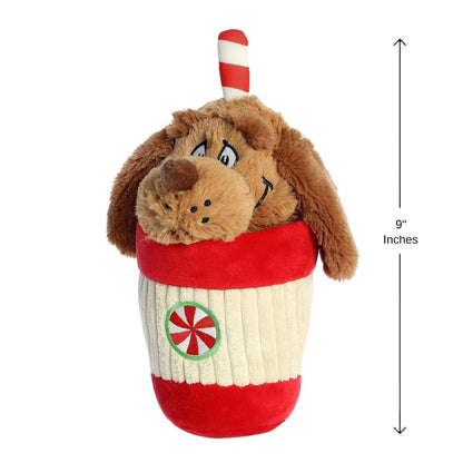 Sizing graphic for the Dr. Seuss Max peppermint cup plush showing it standing upright, indicating a total height of 9 inches.