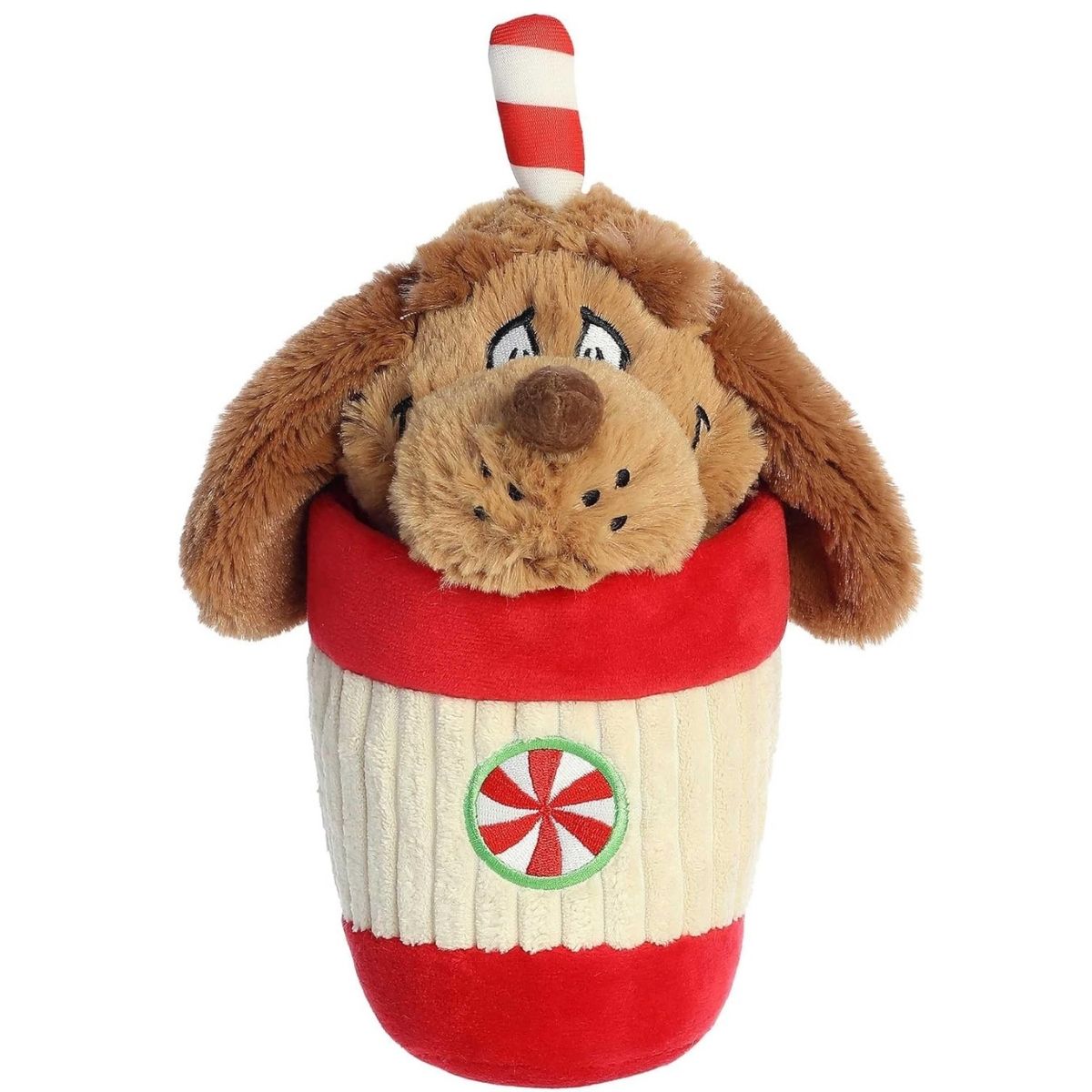 Front view of the 9-inch Aurora Dr. Seuss Max plush toy sitting inside a red and cream ribbed peppermint cup with his floppy ears hanging over the edge.