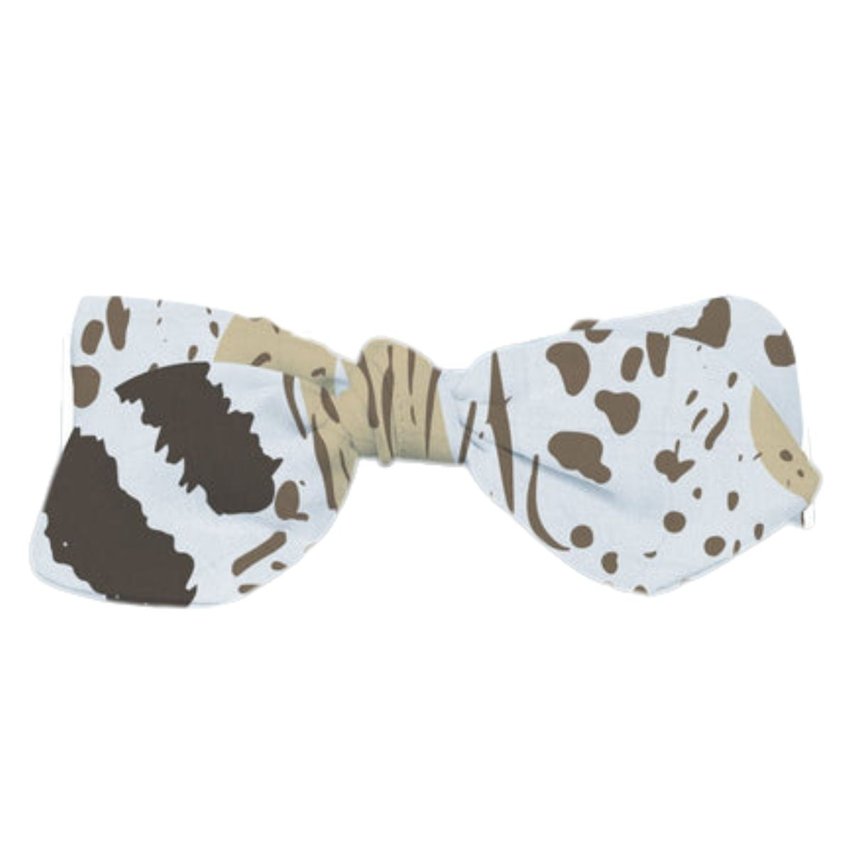 Close-up of the Newcastle Classics On The Savannah baby headband featuring a pre-tied bow and brown abstract animal print.