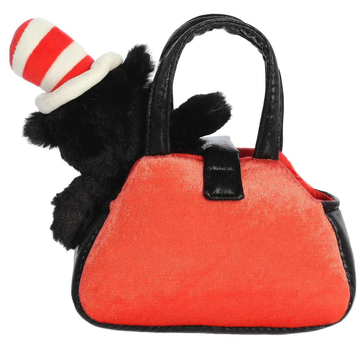 Back view of the red plush purse with the black Cat in the Hat stuffed animal tucked inside.