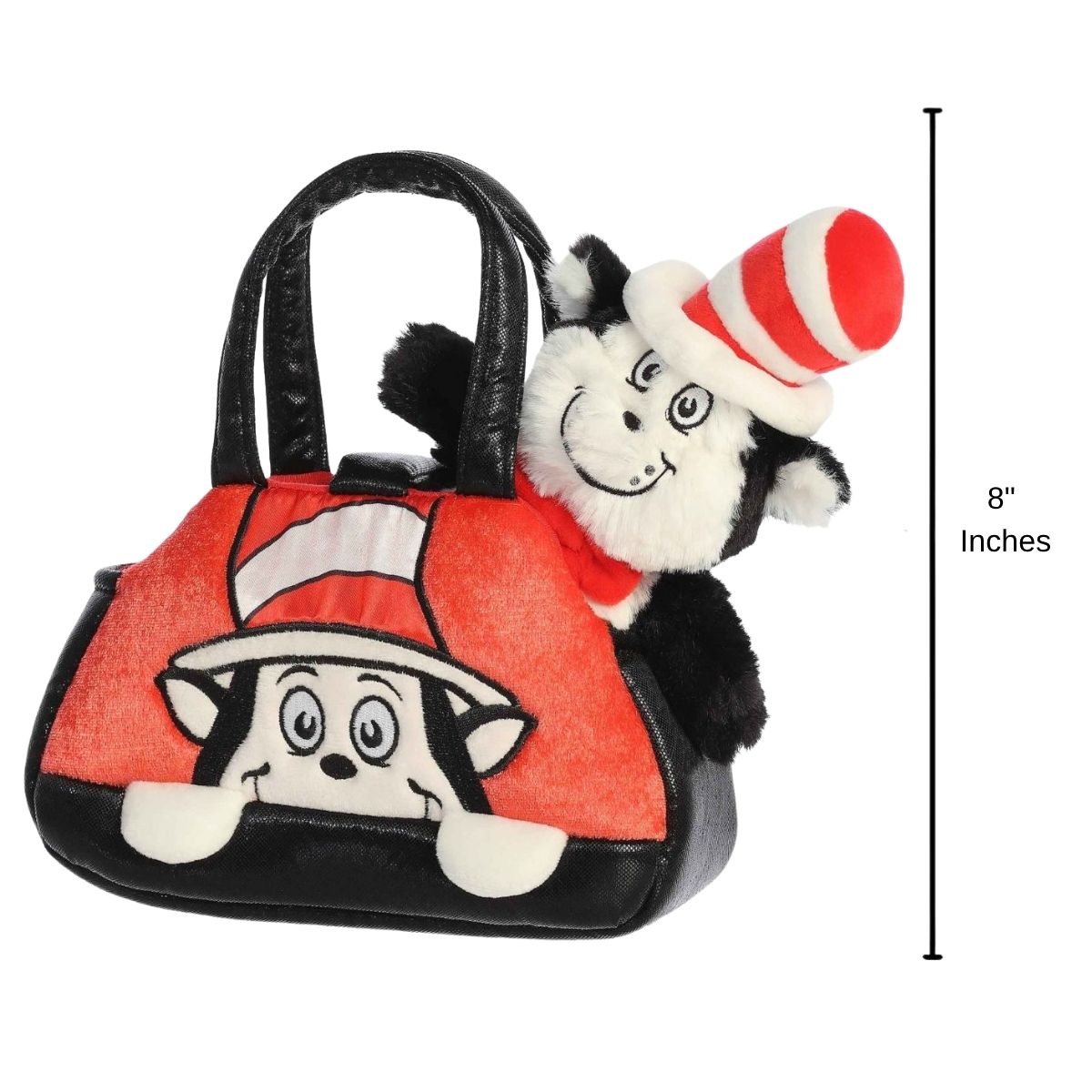 Front view of the Cat in the Hat Fancy Pals set with a dimension line indicating its 8-inch height.