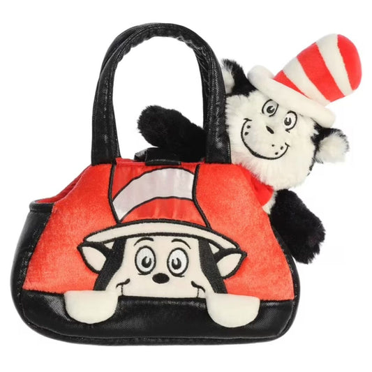 Front view of the Aurora Fancy Pals Cat in the Hat plush sitting inside a red and black purse carrier featuring an embroidered peeking Cat face.
