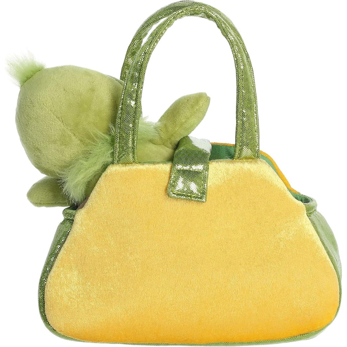 Back view of the yellow plush purse with the green Grinch stuffed animal tucked inside.