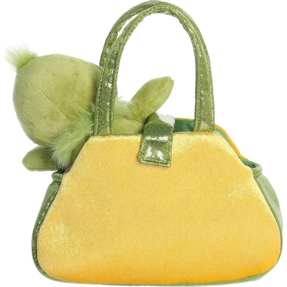 Back view of the yellow plush purse with the green Grinch stuffed animal tucked inside.