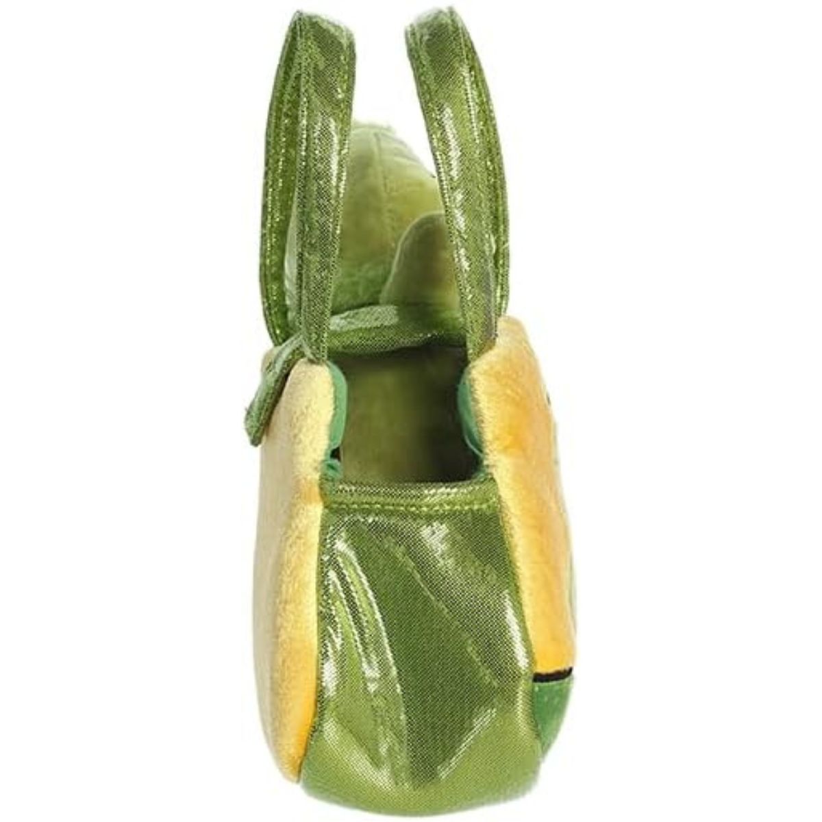 Side angle view of the empty Grinch carrying purse showing the open compartment and soft green handles.