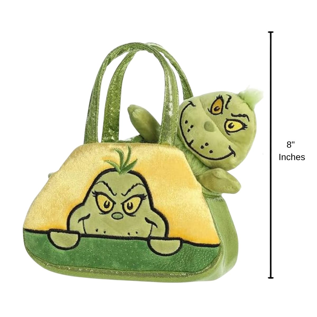 Front view of the Grinch Fancy Pals set with a dimension line indicating its 8-inch height.
