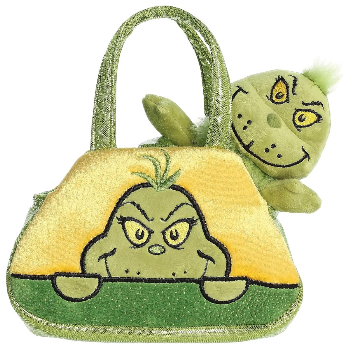 Front view of the Aurora Fancy Pals The Grinch plush sitting inside a yellow and green purse carrier featuring an embroidered peeking Grinch face.