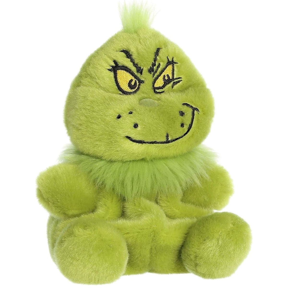 Angled front view of the adorable Aurora Dr. Seuss The Grinch stuffed animal featuring his signature smirk and tuft of green hair.