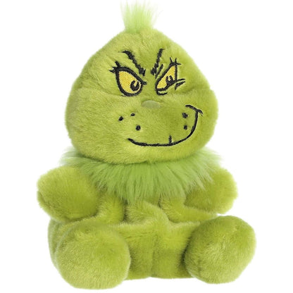 Angled front view of the adorable Aurora Dr. Seuss The Grinch stuffed animal featuring his signature smirk and tuft of green hair.