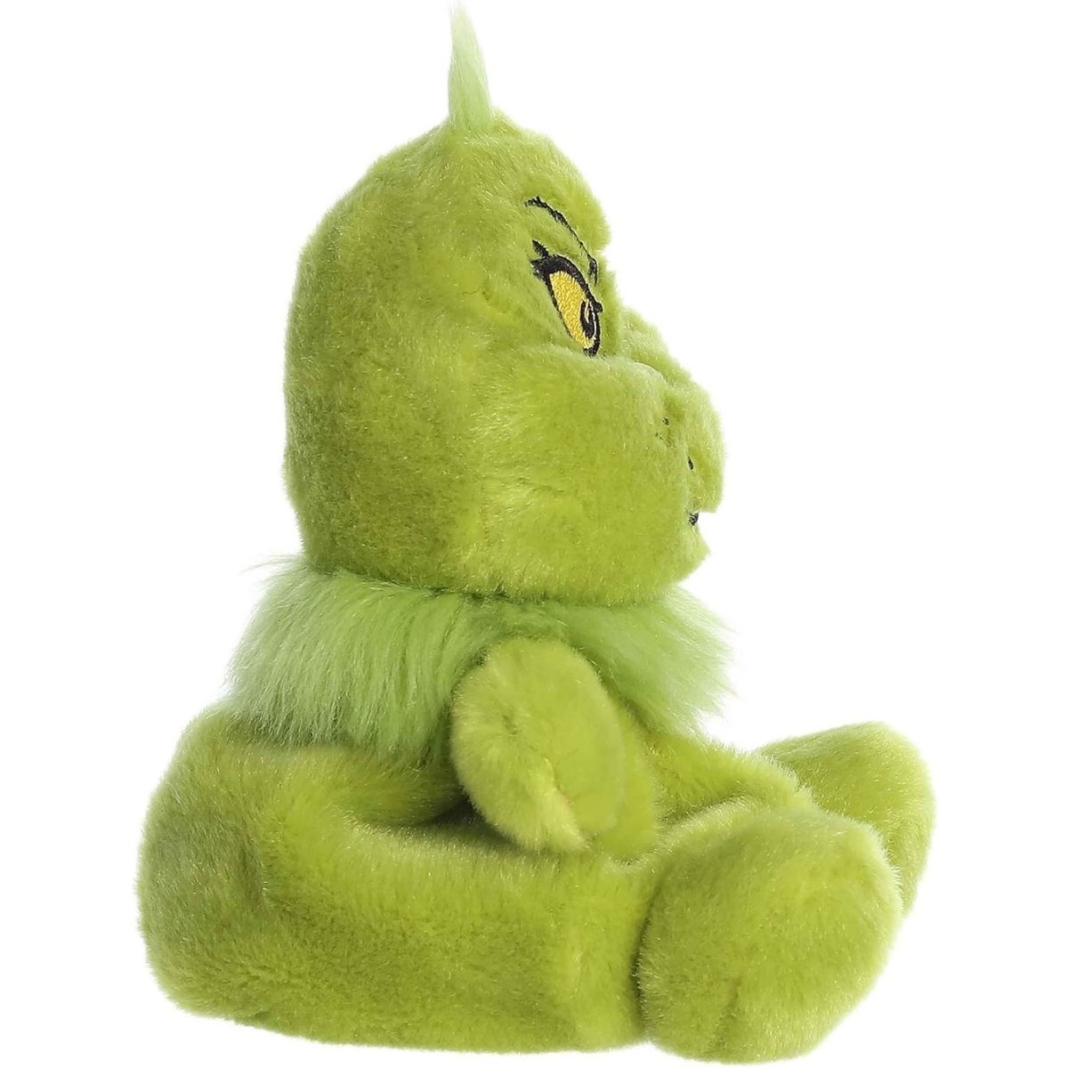 Side profile view of the Palm Pals Grinch plush highlighting his perfectly squishy bean-weighted body and fluffy neck detail.