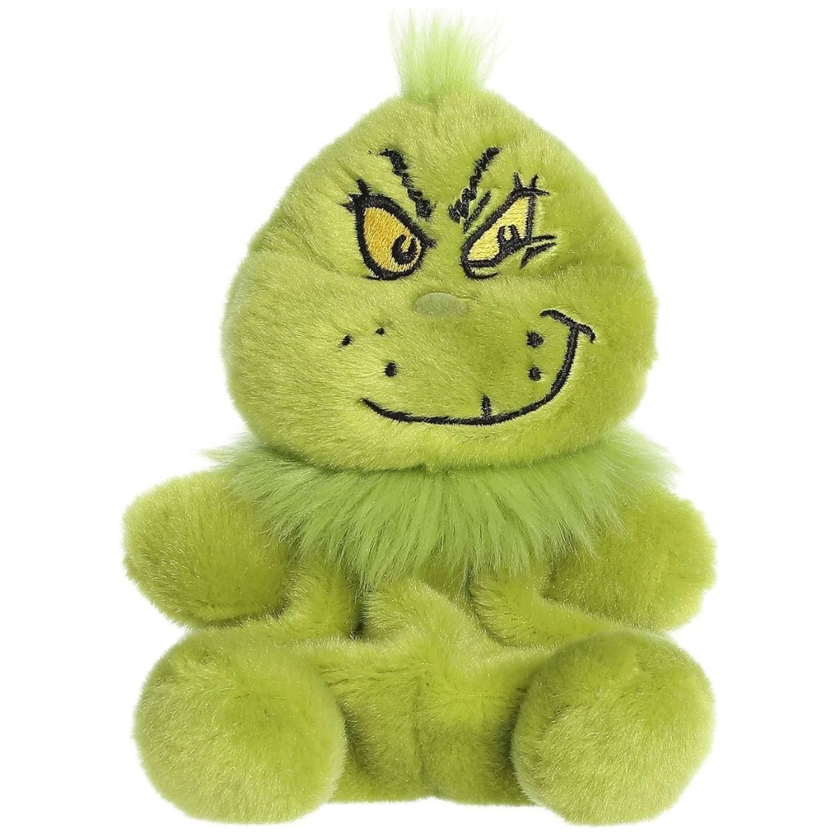 Front view of the Aurora Palm Pals 5-inch The Grinch Smirk plush sitting upright, showing his green fur, fluffy collar, and devious embroidered smile.