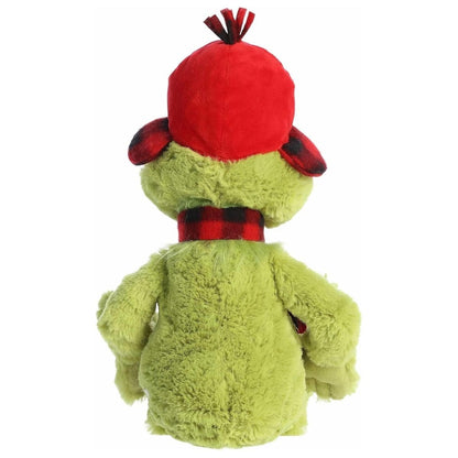 The rear view of the green Aurora Grinch stuffed animal displaying the solid red back of his winter hat and shaggy lime-green back.