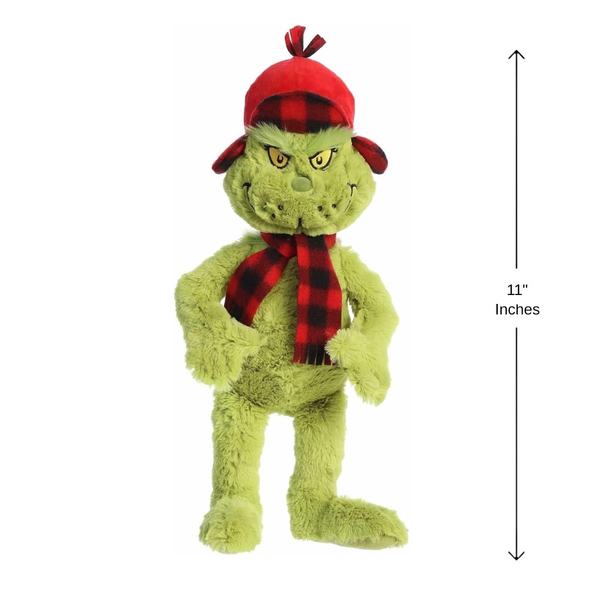 A front-standing profile of the Wilderness Grinch plush displaying an 11-inch height indicator graphic on the right side.