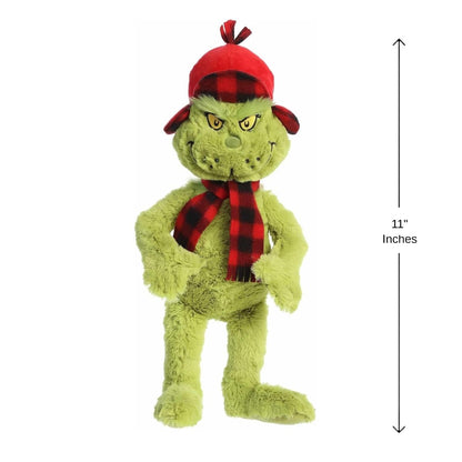 A front-standing profile of the Wilderness Grinch plush displaying an 11-inch height indicator graphic on the right side.
