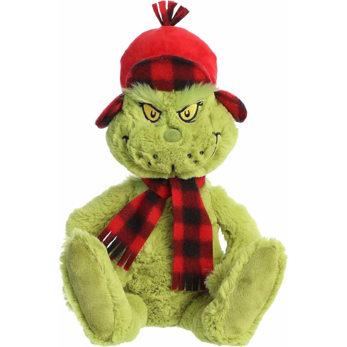 Aurora Dr. Seuss 11-inch Wilderness Grinch plush stuffed toy wearing a red winter trapper hat and a red-and-black buffalo plaid scarf.