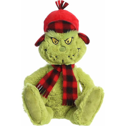 Aurora Dr. Seuss 11-inch Wilderness Grinch plush stuffed toy wearing a red winter trapper hat and a red-and-black buffalo plaid scarf.